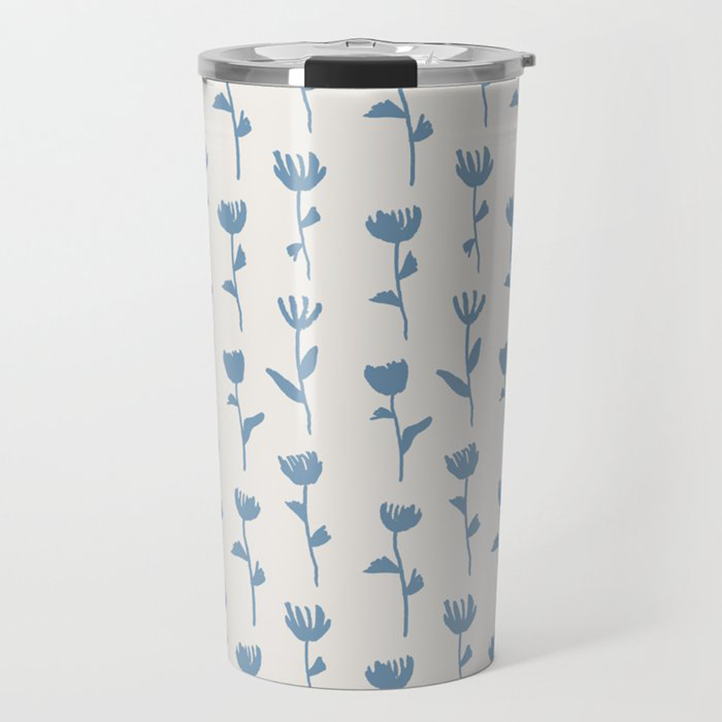 Light Blue Flower Travel Coffee Mug made of stainless steel with floral design, perfect for hot and cold beverages.