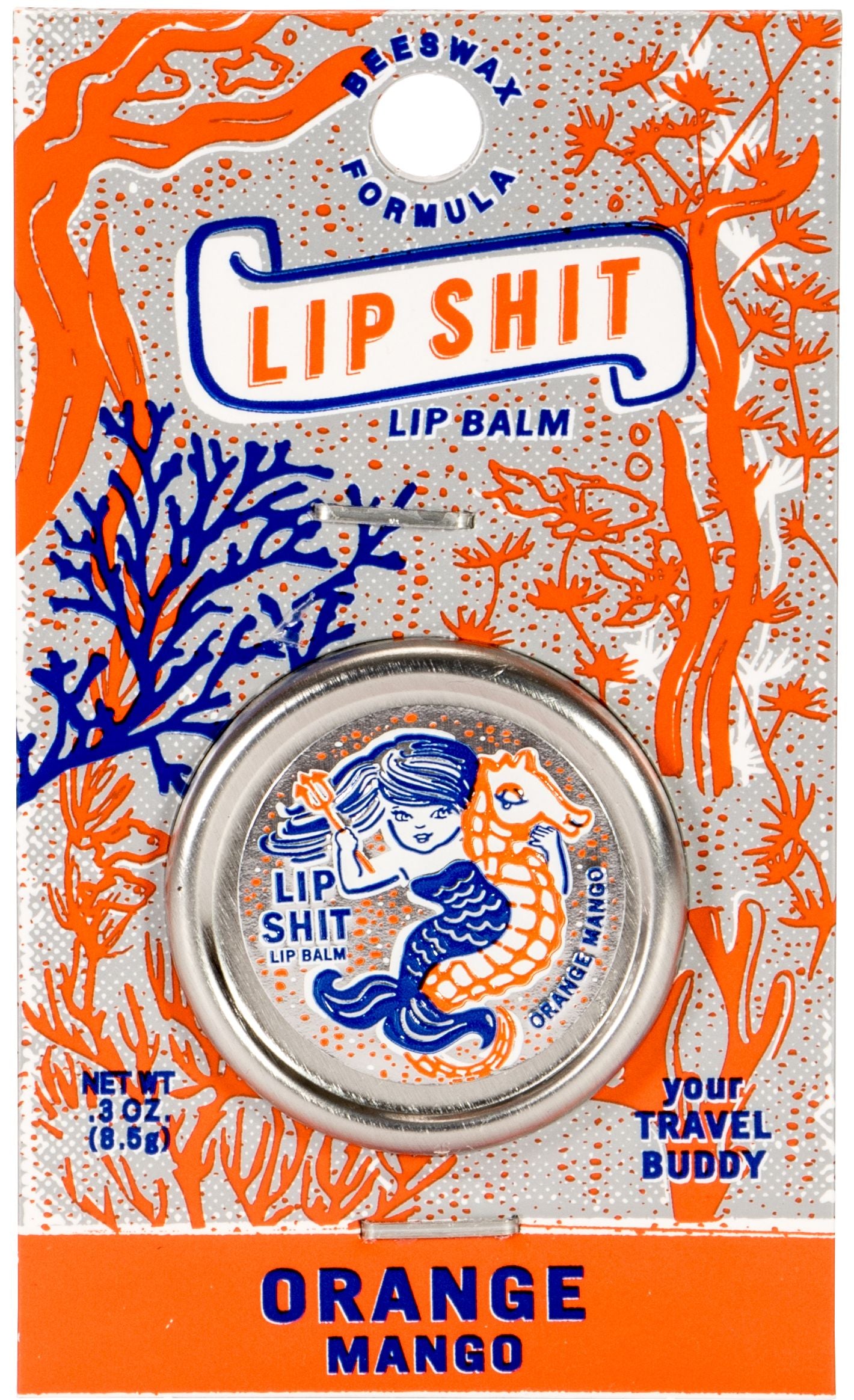 Lip Shit Lip Balm in Orange Mango, featuring a stamped metal tin and vibrant packaging, perfect for moisturizing lips.