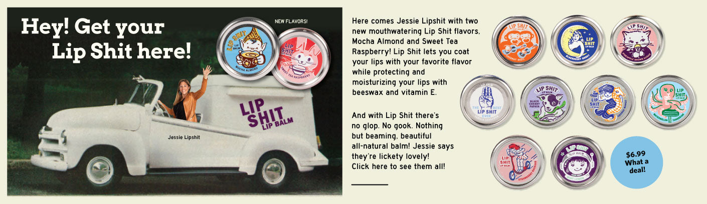 Lip Shit Lip Balm in Orange Mango, featuring a stamped metal tin and vibrant packaging, perfect for moisturizing lips.