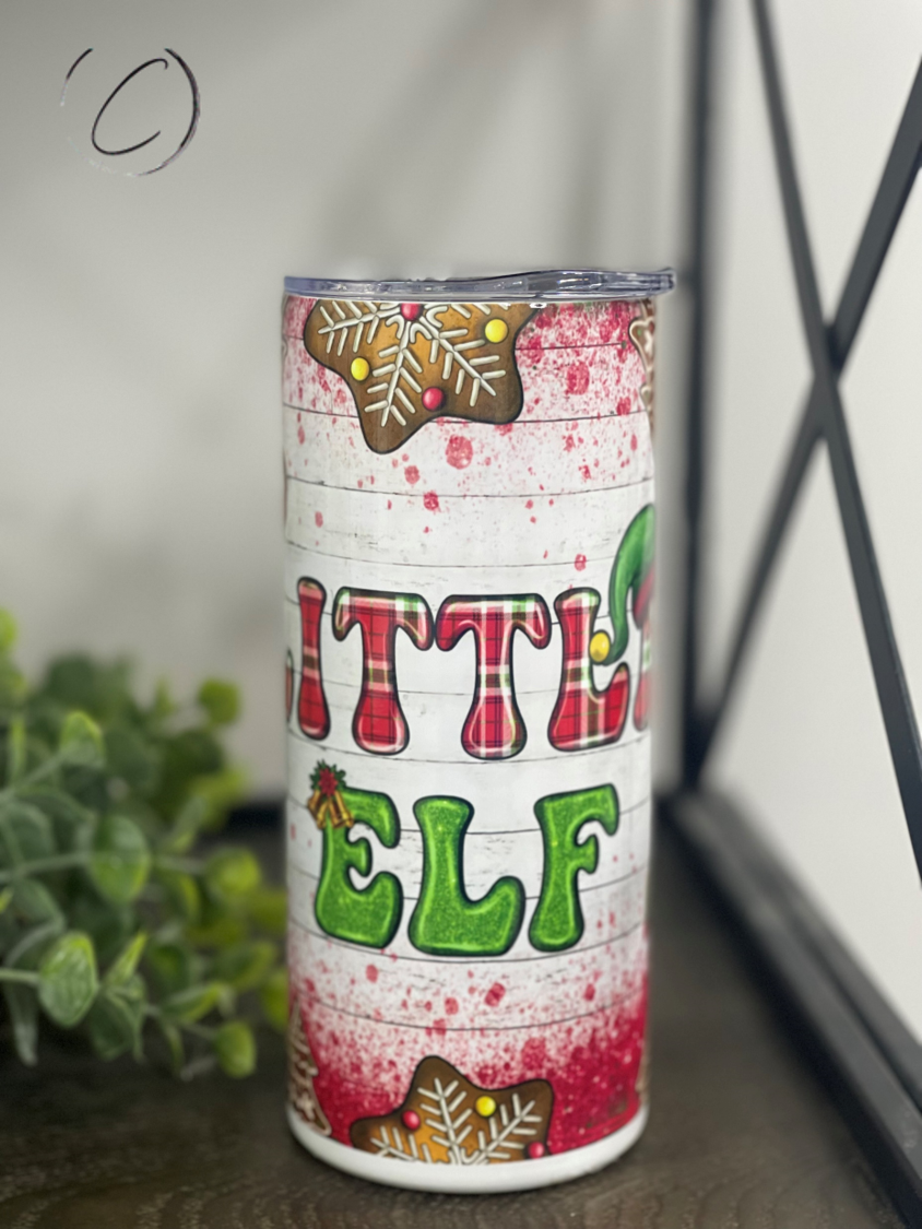 Little Elf 15oz Kids Skinny Tumbler featuring a vibrant design, reusable straw, and durable construction, perfect for children's beverages.