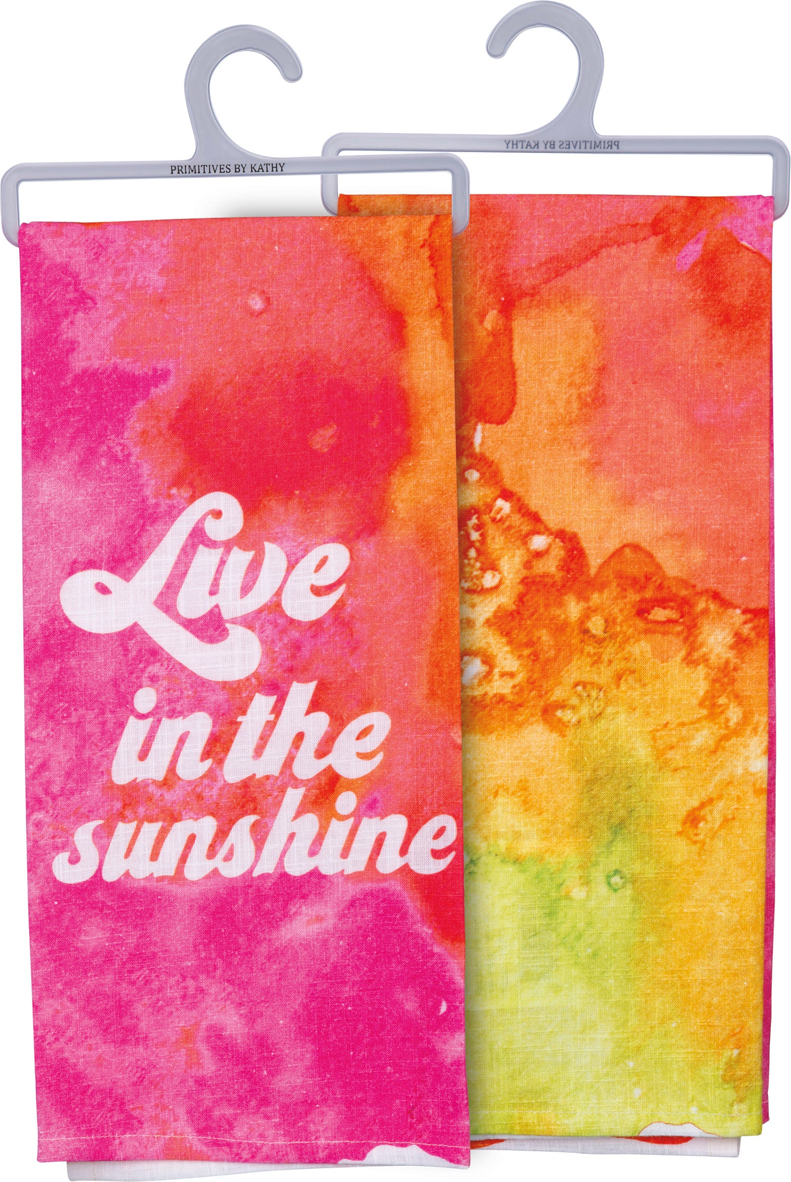 Live In The Sunshine Dish Cloth Towel featuring a colorful watercolor design and retro sentiment, perfect for kitchen use.