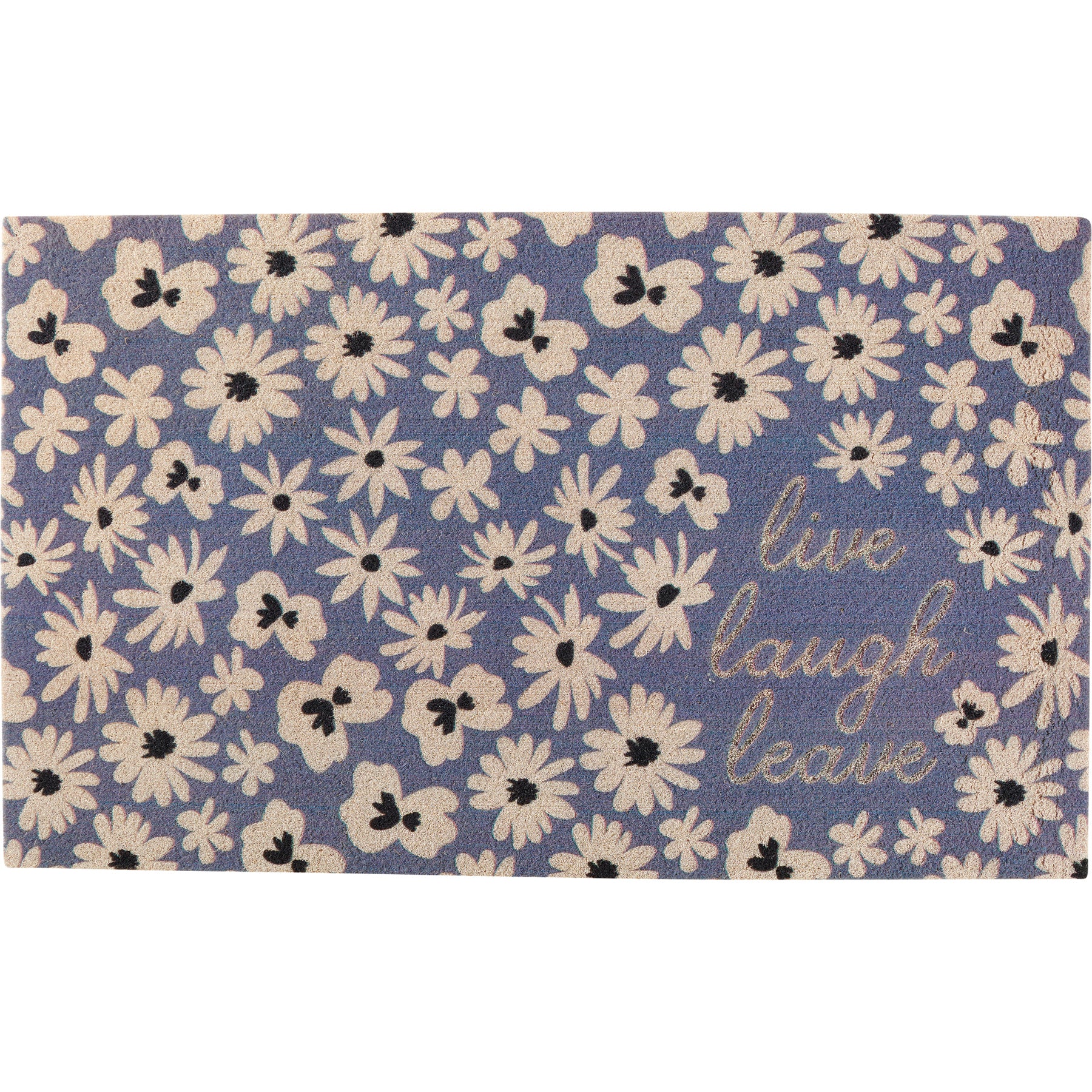 Live Laugh Leave Faux Coir Rug featuring blue floral designs and skid-resistant backing, perfect for indoor or outdoor use.