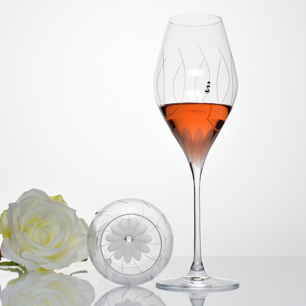 Set of two elegant Lotus Rosé Champagne glasses with a beautiful flower design and Swarovski crystals, presented in a gift box.