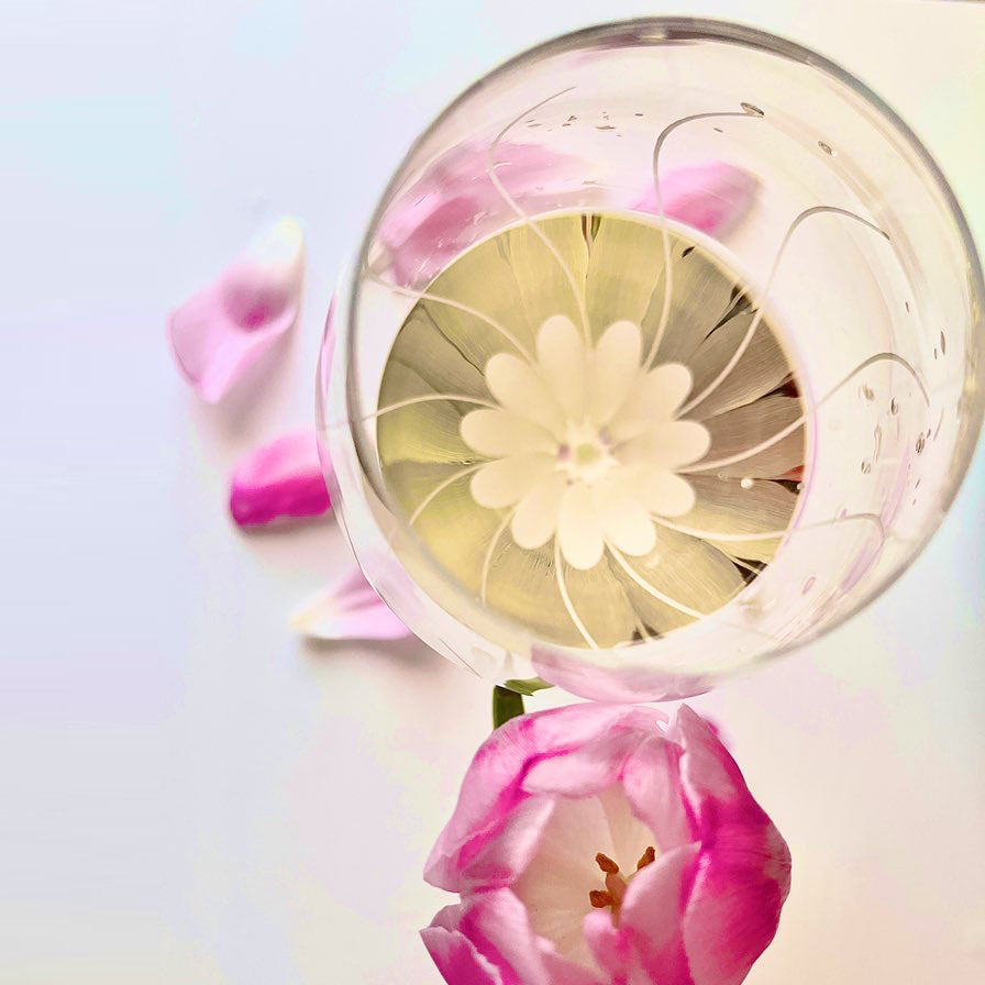 Set of two elegant Lotus Rosé Champagne glasses with a beautiful flower design and Swarovski crystals, presented in a gift box.