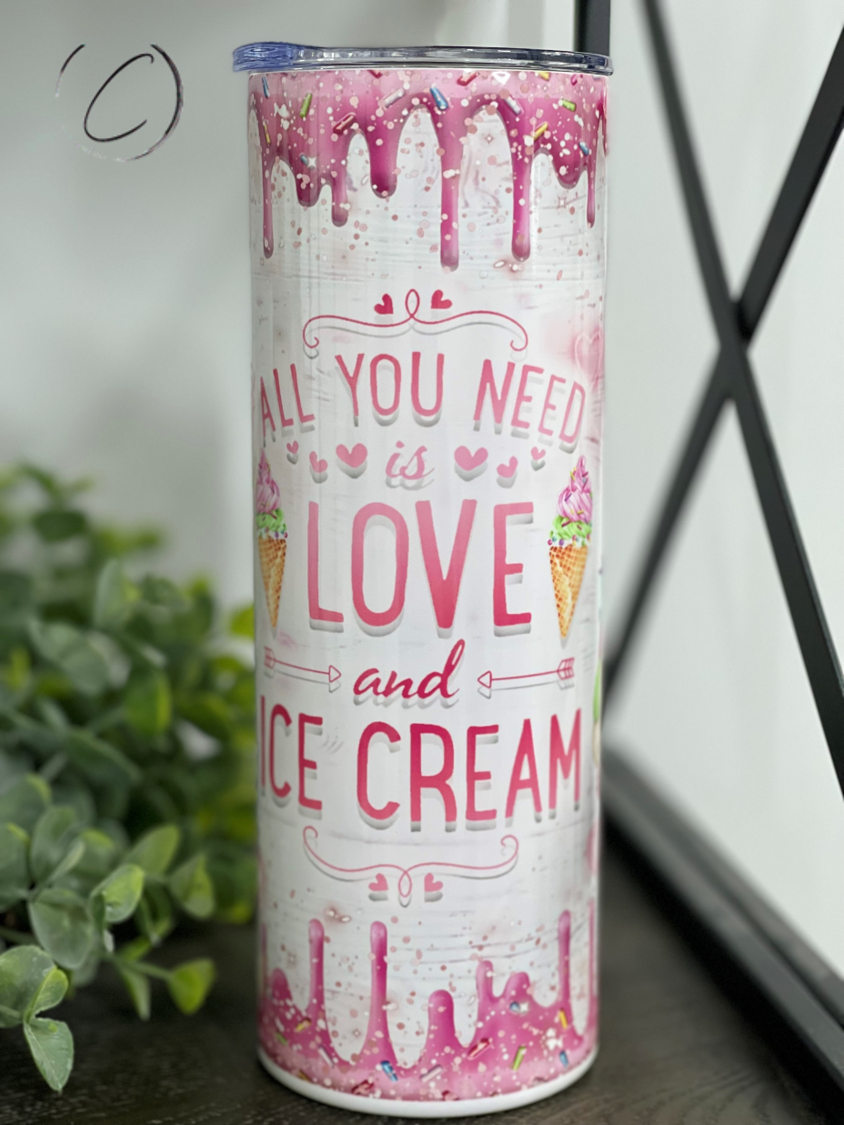 Love & Ice Cream Gnomes 20oz Skinny Tumbler featuring a whimsical gnome design, perfect for hot and cold beverages.