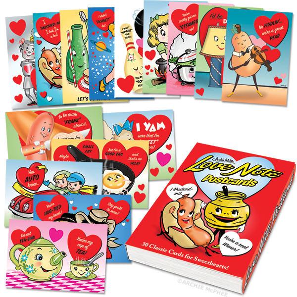A colorful collection of Love Note Postcards featuring retro designs and humorous puns, perfect for expressing love.