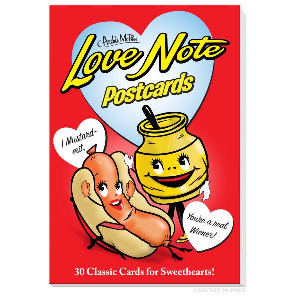 A colorful collection of Love Note Postcards featuring retro designs and humorous puns, perfect for expressing love.
