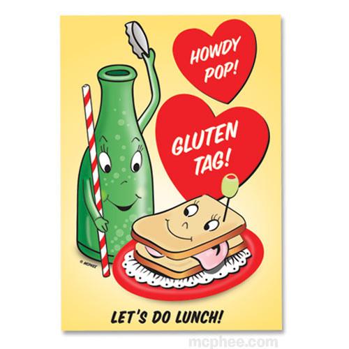 A colorful collection of Love Note Postcards featuring retro designs and humorous puns, perfect for expressing love.