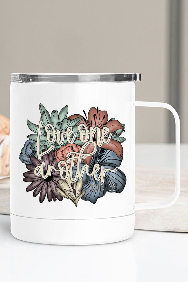 Love One Another Floral Stainless Steel Coffee Travel Cup with vibrant floral design and secure lid, perfect for travel.