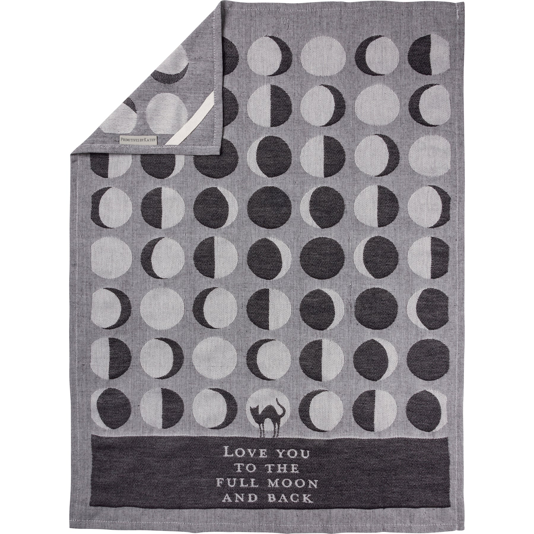 A jacquard woven kitchen towel featuring a cat silhouette and moon phase designs with the phrase 'Love You To The Full Moon And Back'.