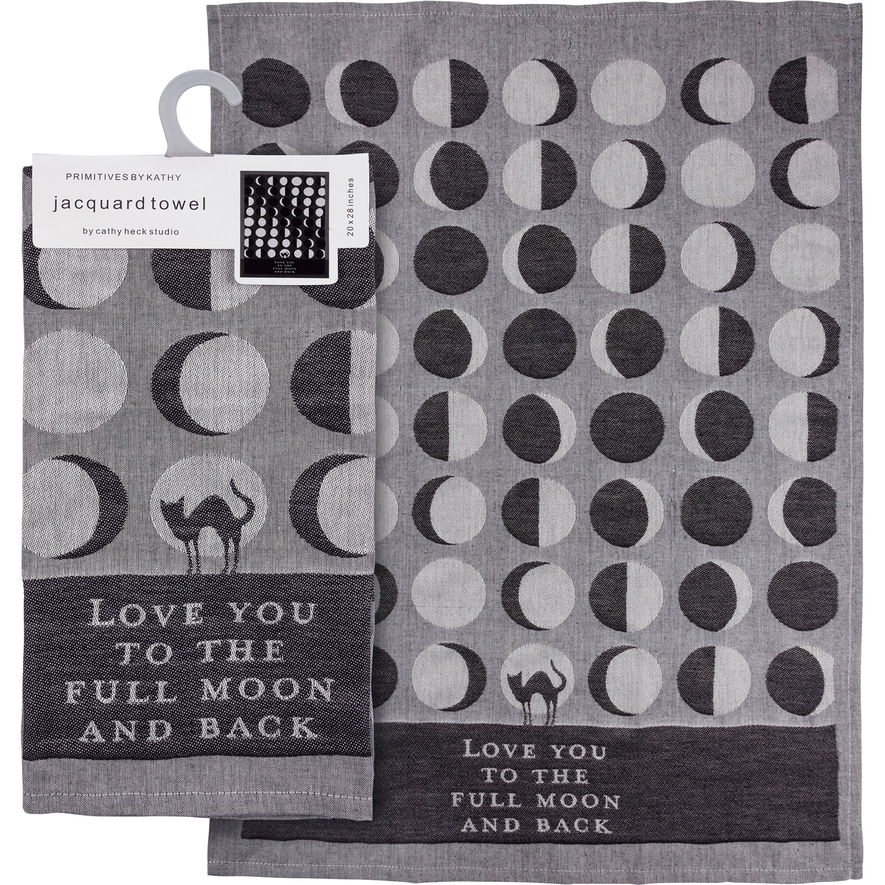 A jacquard woven kitchen towel featuring a cat silhouette and moon phase designs with the phrase 'Love You To The Full Moon And Back'.