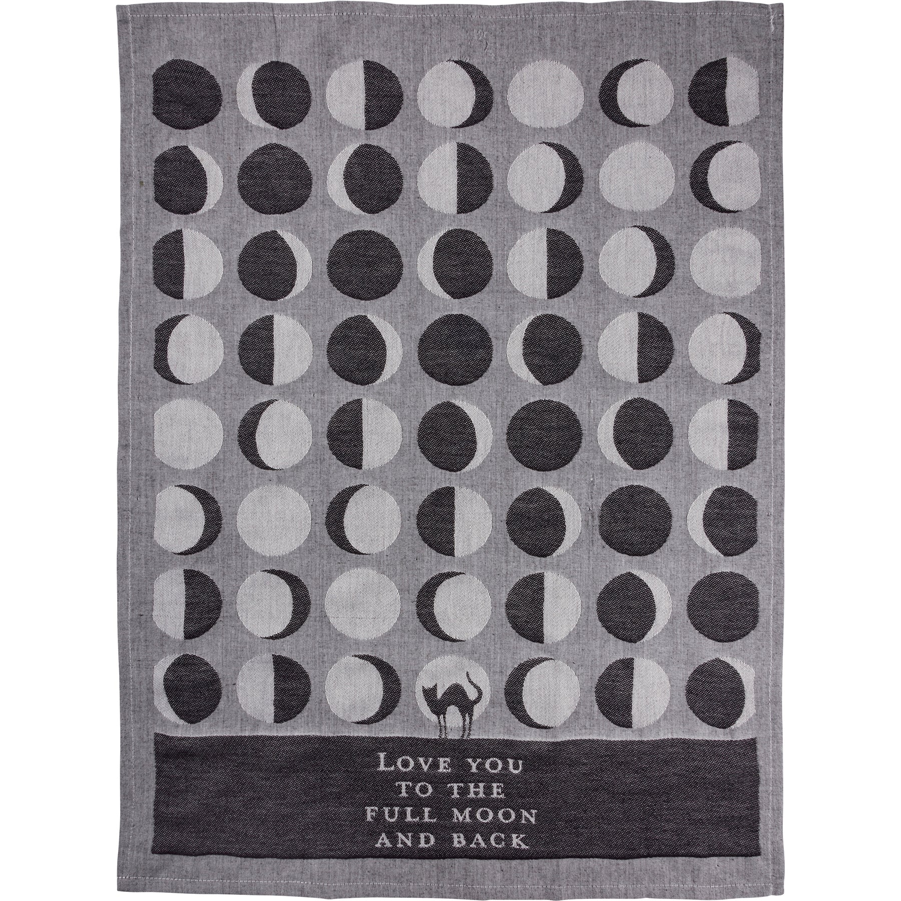 A jacquard woven kitchen towel featuring a cat silhouette and moon phase designs with the phrase 'Love You To The Full Moon And Back'.