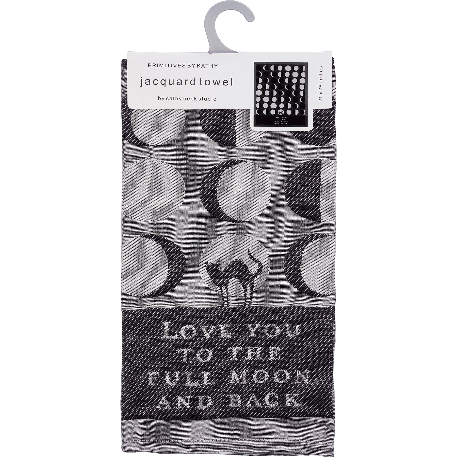 A jacquard woven kitchen towel featuring a cat silhouette and moon phase designs with the phrase 'Love You To The Full Moon And Back'.