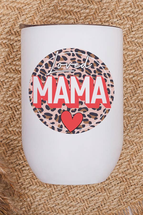 Loved Mama Leopard Circle Wine Cup with a stylish leopard print design, featuring a lid and straw, perfect for moms.
