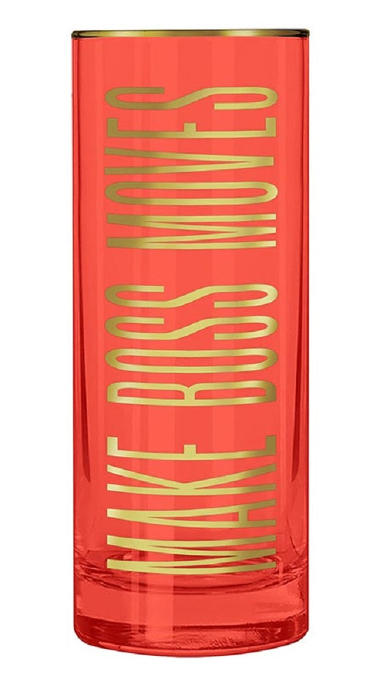 Make Boss Moves Collins Glass in Coral and Gold, featuring a stylish design with the phrase 'MAKE BOSS MOVES' for cocktails.