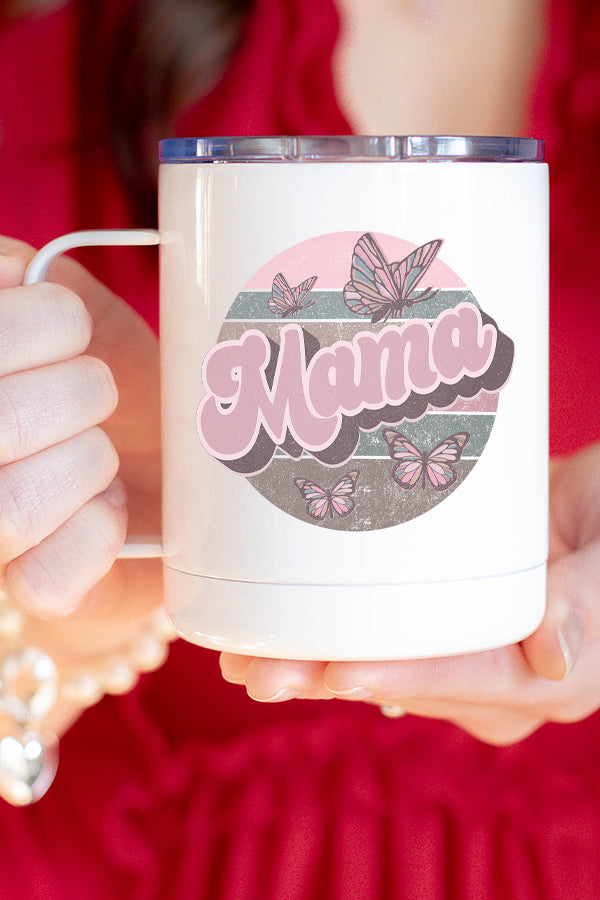 Mama Floral Circle Butterfly Stainless Steel Coffee Travel Cup with vibrant floral design and secure lid.