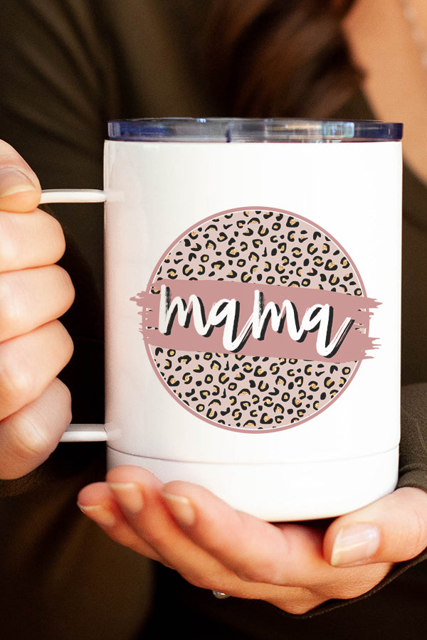 Mama Neutral Leopard Circle Stainless Steel Coffee Travel Cup with a stylish leopard print design, perfect for travel and outdoor use.