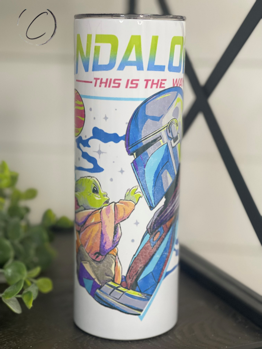 Mandalorian This Is The Way 20oz Skinny Tumbler featuring a distressed design, reusable straw, and high-quality construction.