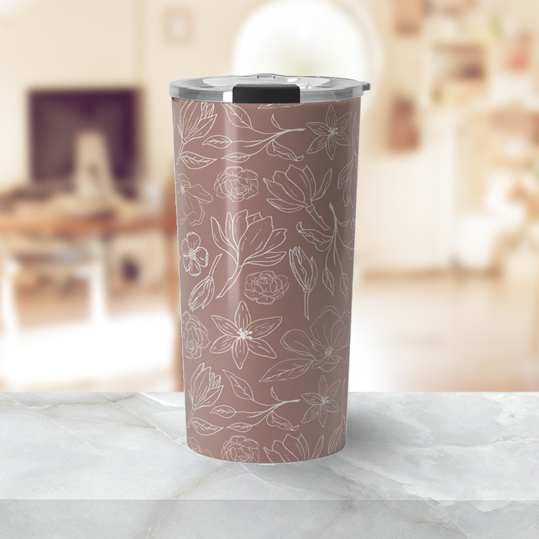 Mauve Magnolia Travel Coffee Mug with double-wall insulation and stylish wraparound design, perfect for hot or cold beverages.