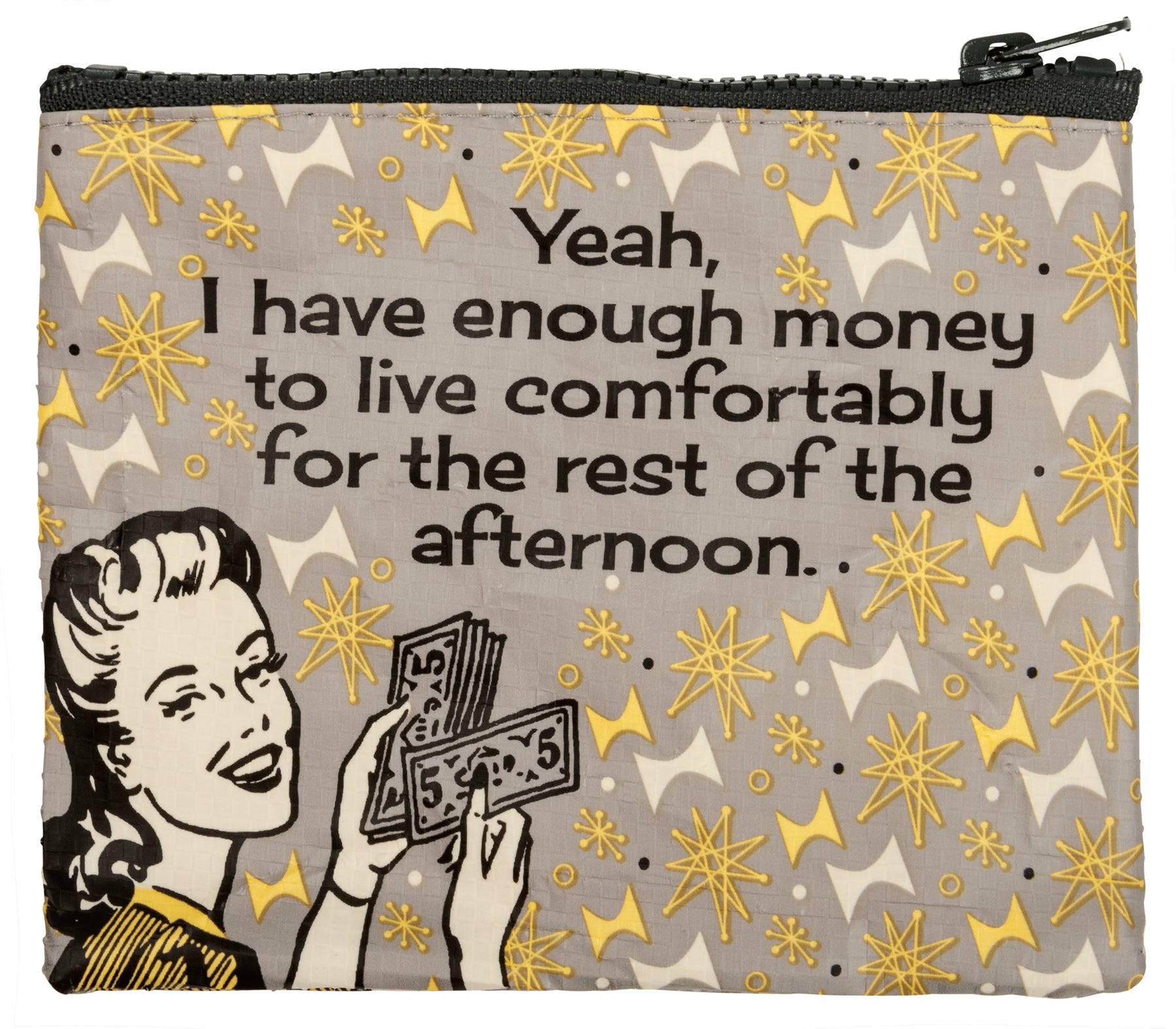Double-sided zipper wallet with retro illustrations and humorous quotes, made from post-consumer materials.
