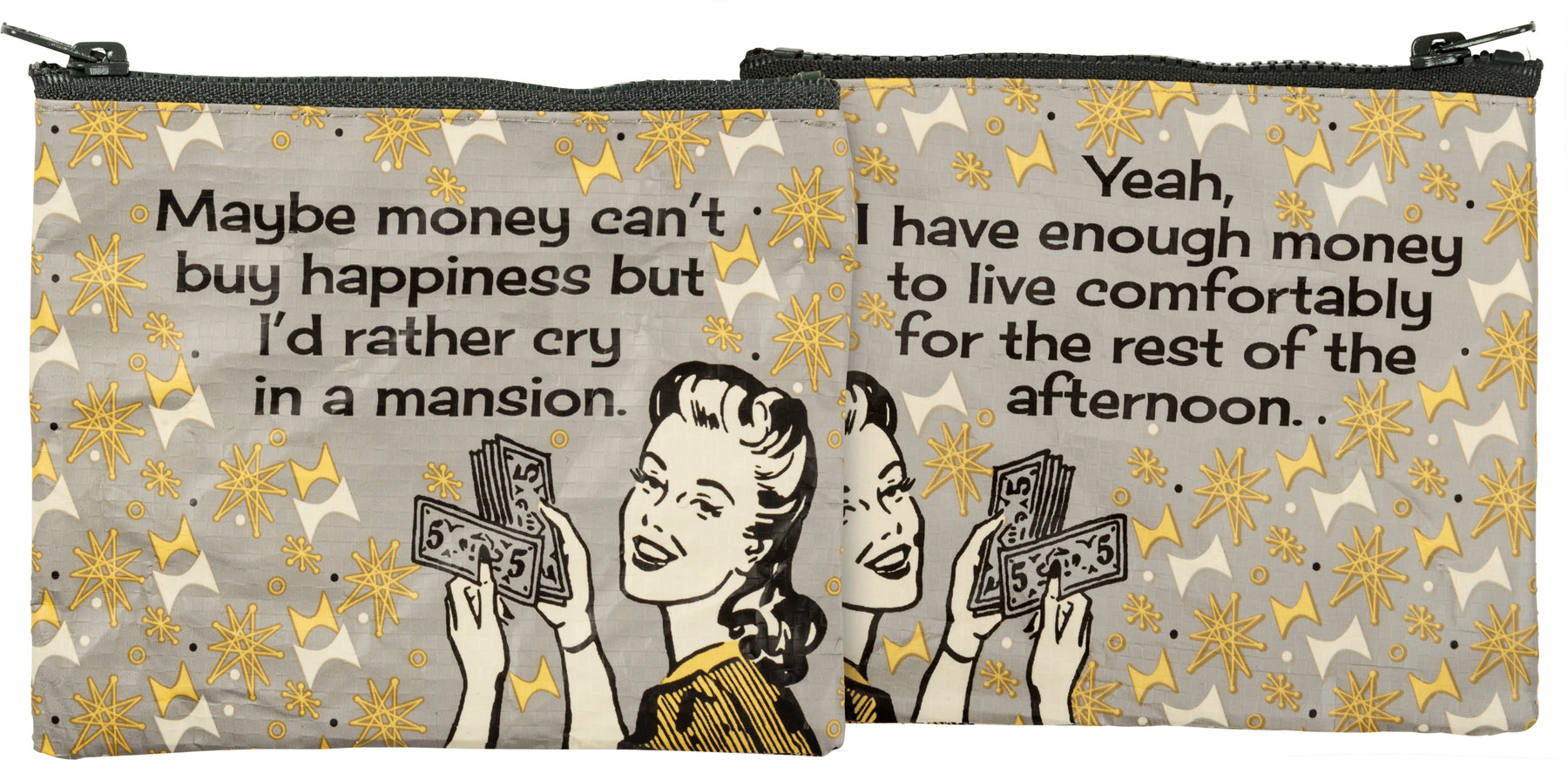 Double-sided zipper wallet with retro illustrations and humorous quotes, made from post-consumer materials.