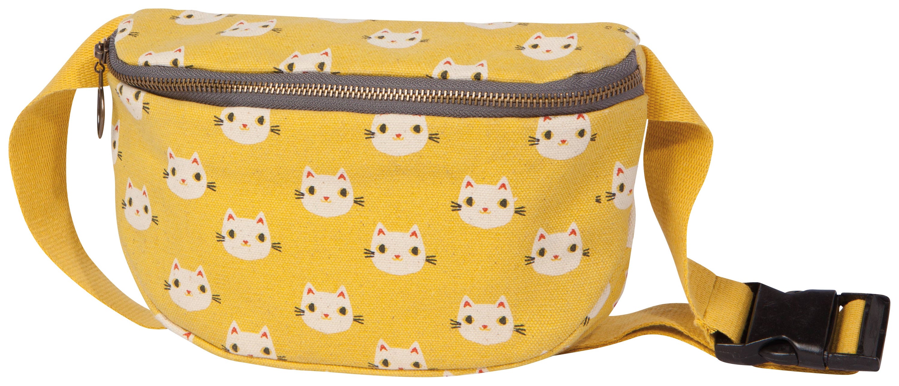 Meow Meow Cats Cotton Hip Bag in yellow with playful cat designs, featuring an adjustable strap and zip compartments.
