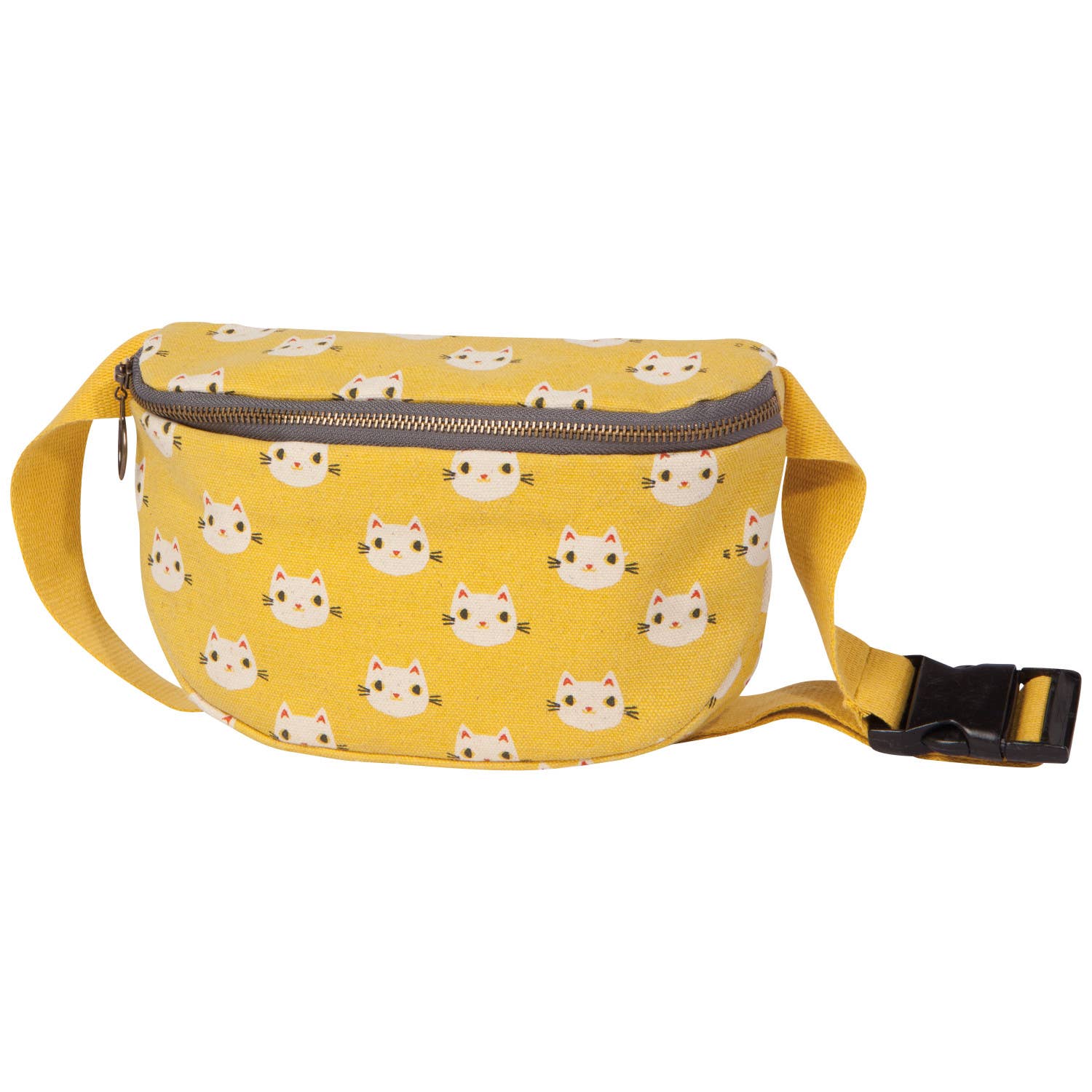Meow Meow Cats Cotton Hip Bag in yellow with playful cat designs, featuring an adjustable strap and zip compartments.