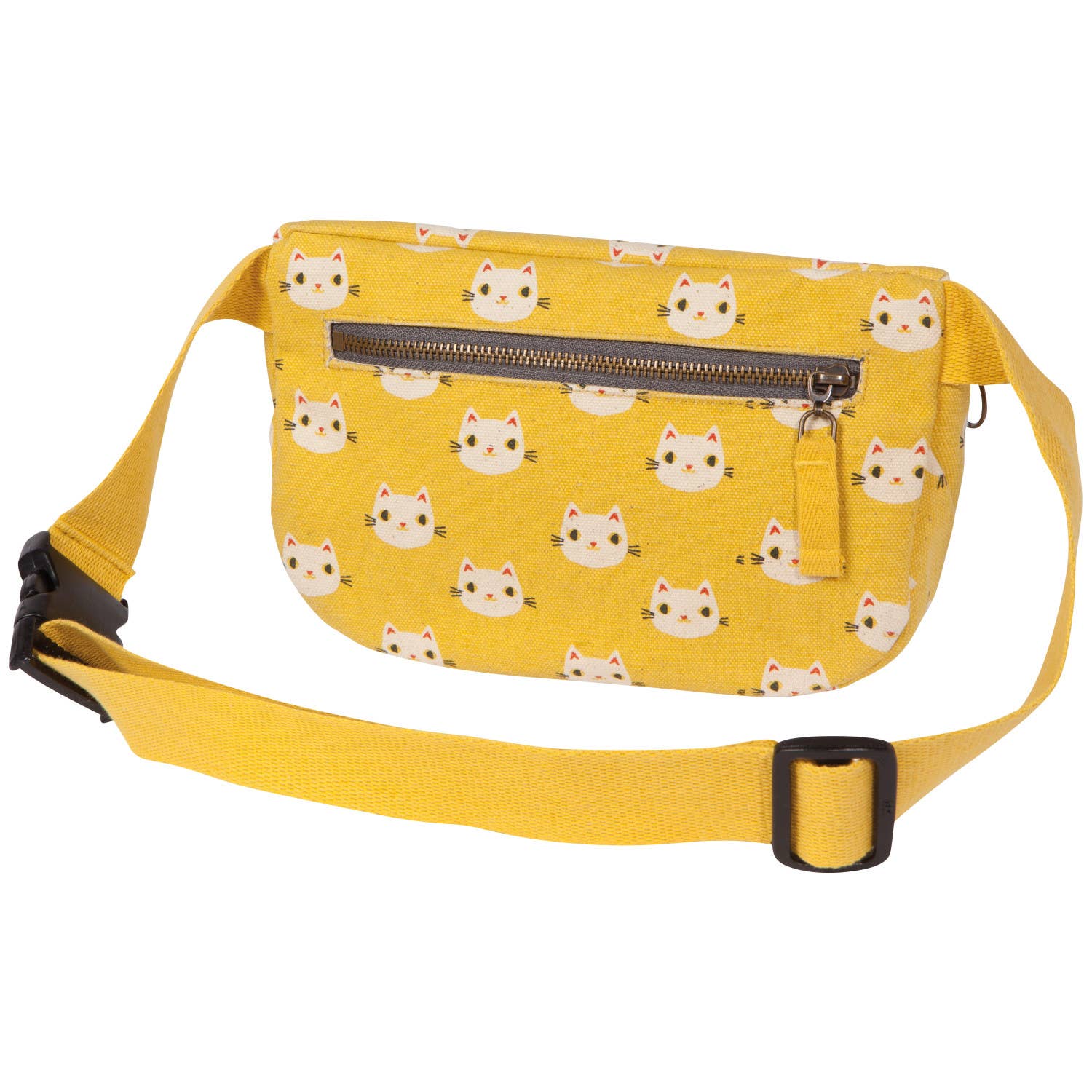 Meow Meow Cats Cotton Hip Bag in yellow with playful cat designs, featuring an adjustable strap and zip compartments.