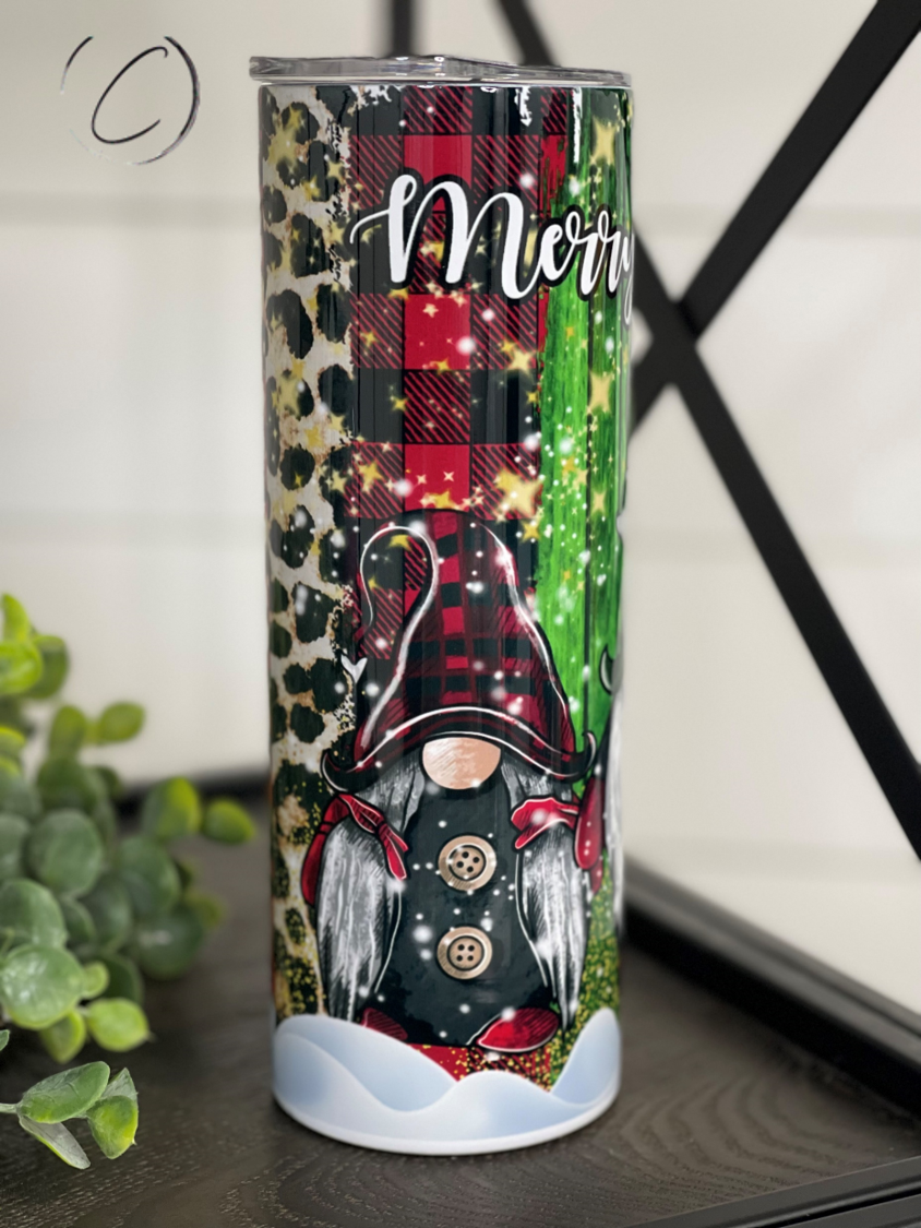 Merry Christmas Gnomes 20oz Skinny Tumbler featuring festive gnome design, reusable straw, and durable construction.