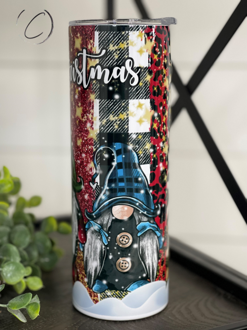 Merry Christmas Gnomes 20oz Skinny Tumbler featuring festive gnome design, reusable straw, and durable construction.