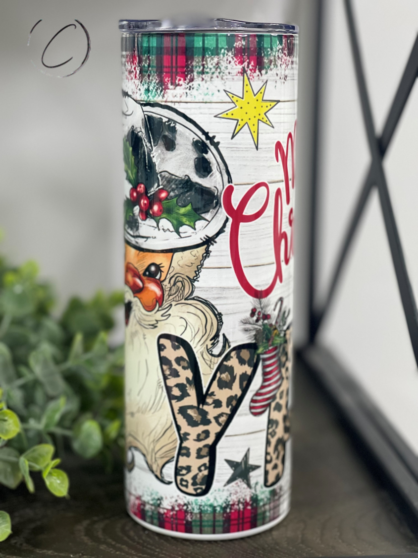 Merry Christmas Y'all 20oz Skinny Tumbler with festive design and reusable straw, perfect for holiday drinks.