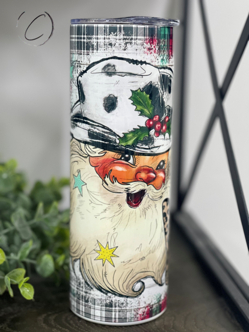 Merry Christmas Y'all 20oz Skinny Tumbler with festive design and reusable straw, perfect for holiday drinks.