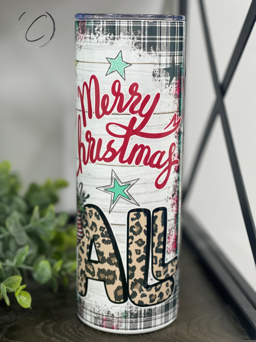 Merry Christmas Y'all 20oz Skinny Tumbler with festive design and reusable straw, perfect for holiday drinks.
