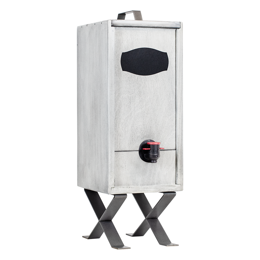 Metro Line Nook in stained gray with silver legs, showcasing its unique pine wood design and fillable beverage bag.