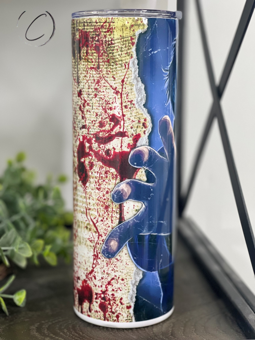 Michael Myers Bloody Paper 20oz Skinny Tumbler featuring a full wrap design with iconic horror imagery.