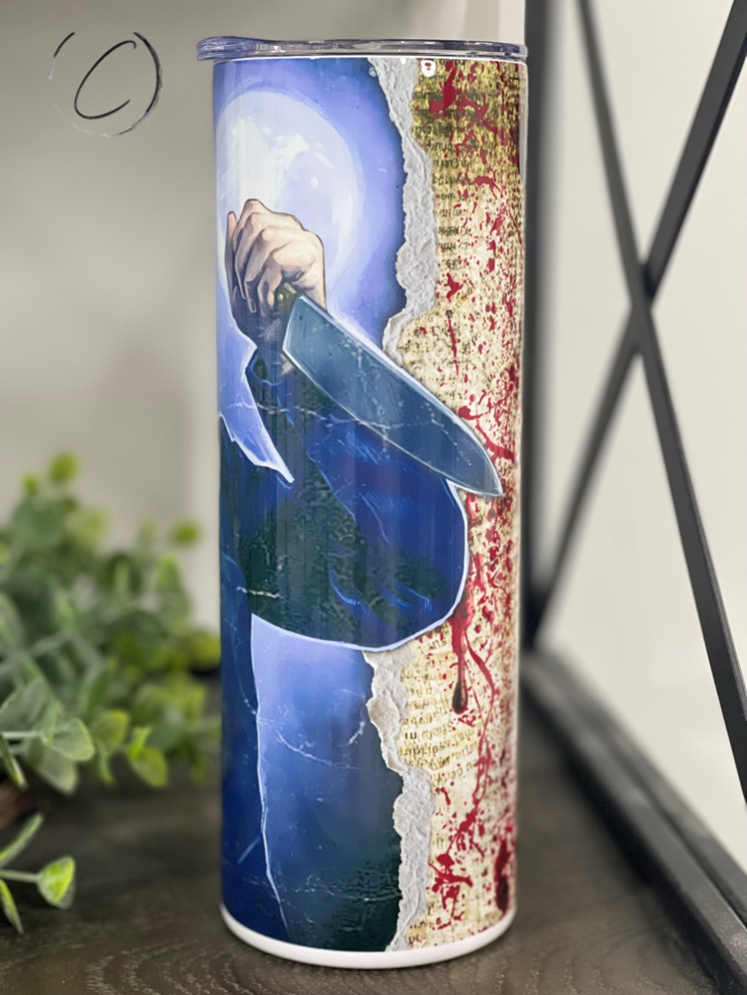 Michael Myers Bloody Paper 20oz Skinny Tumbler featuring a full wrap design with iconic horror imagery.