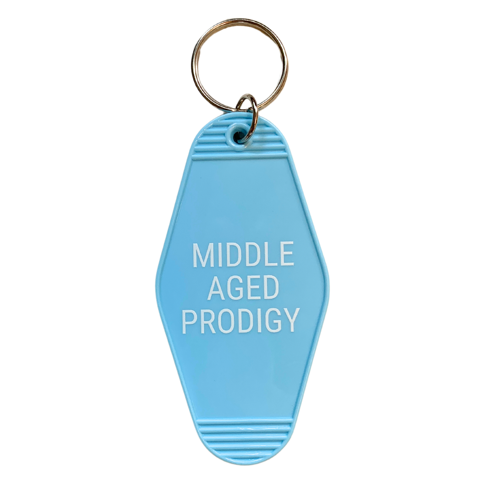 Middle Aged Prodigy Motel Style Keychain in Blue featuring bold lettering and a vintage motel design.