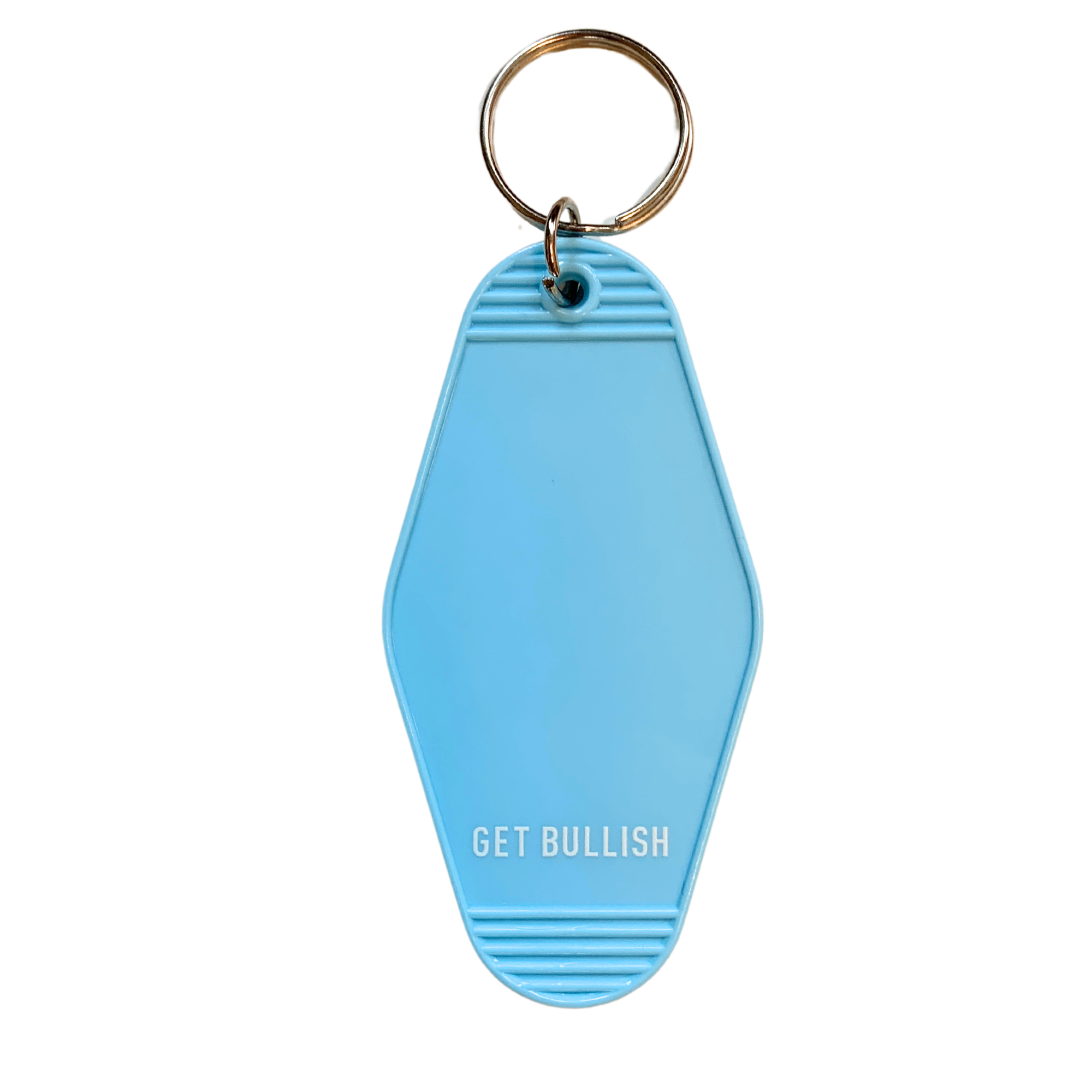 Middle Aged Prodigy Motel Style Keychain in Blue featuring bold lettering and a vintage motel design.