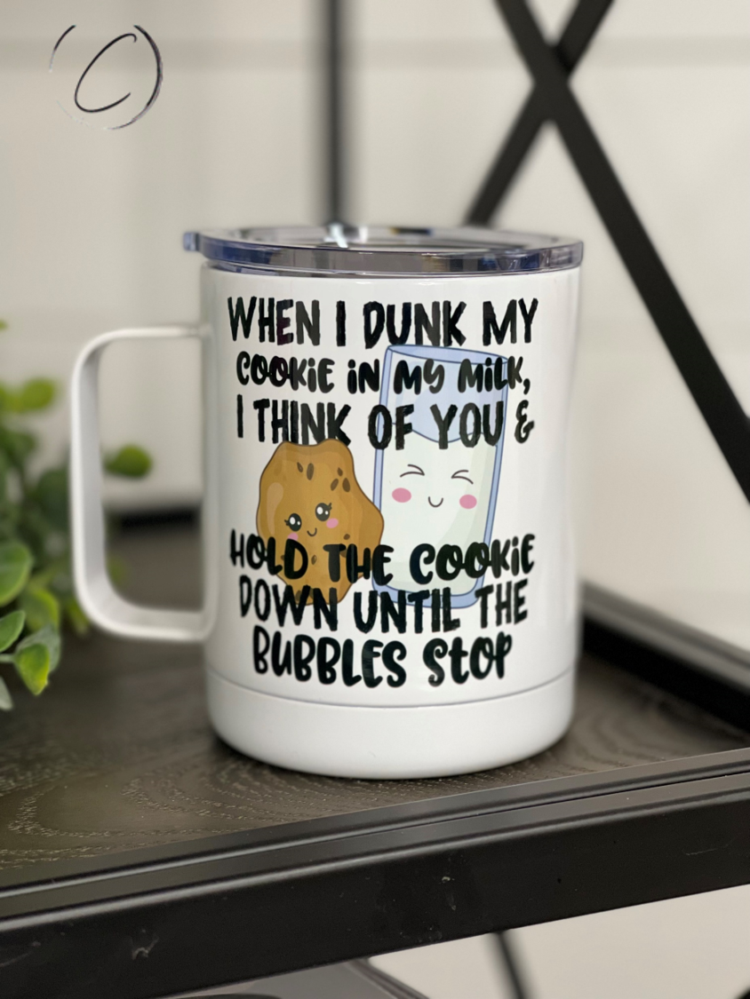 Milk & Cookies 11oz Travel Mug featuring a double-sided design, rubber sealed lid, and high-quality material for durability.