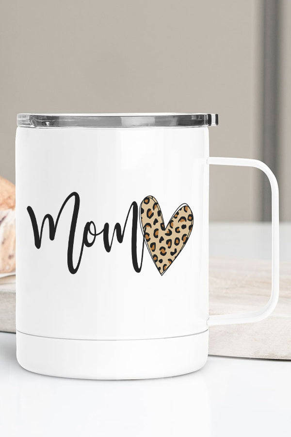 Mom Leopard Heart Stainless Steel Coffee Travel Cup with double wall insulation and vibrant design, perfect for hot beverages.