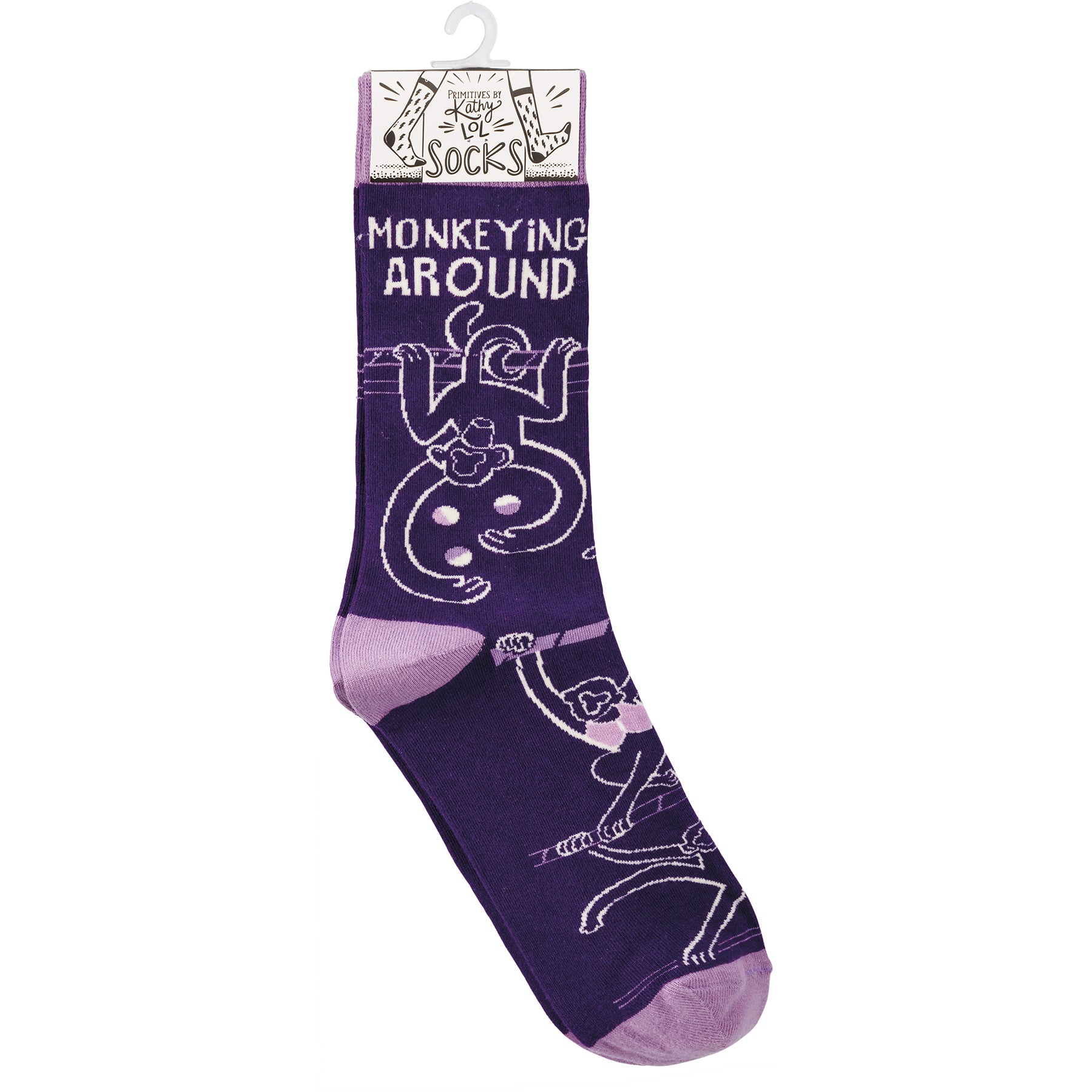 Colorful Monkeying Around Socks featuring playful monkey designs and vibrant colors, made from cotton, nylon, and spandex.