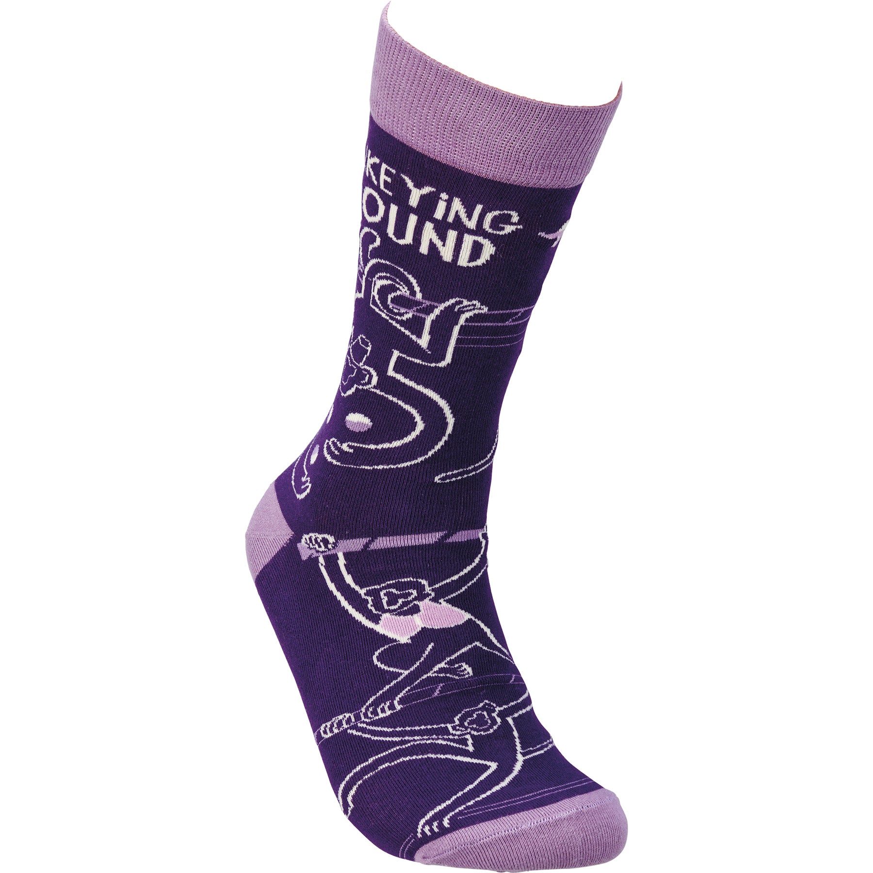 Colorful Monkeying Around Socks featuring playful monkey designs and vibrant colors, made from cotton, nylon, and spandex.