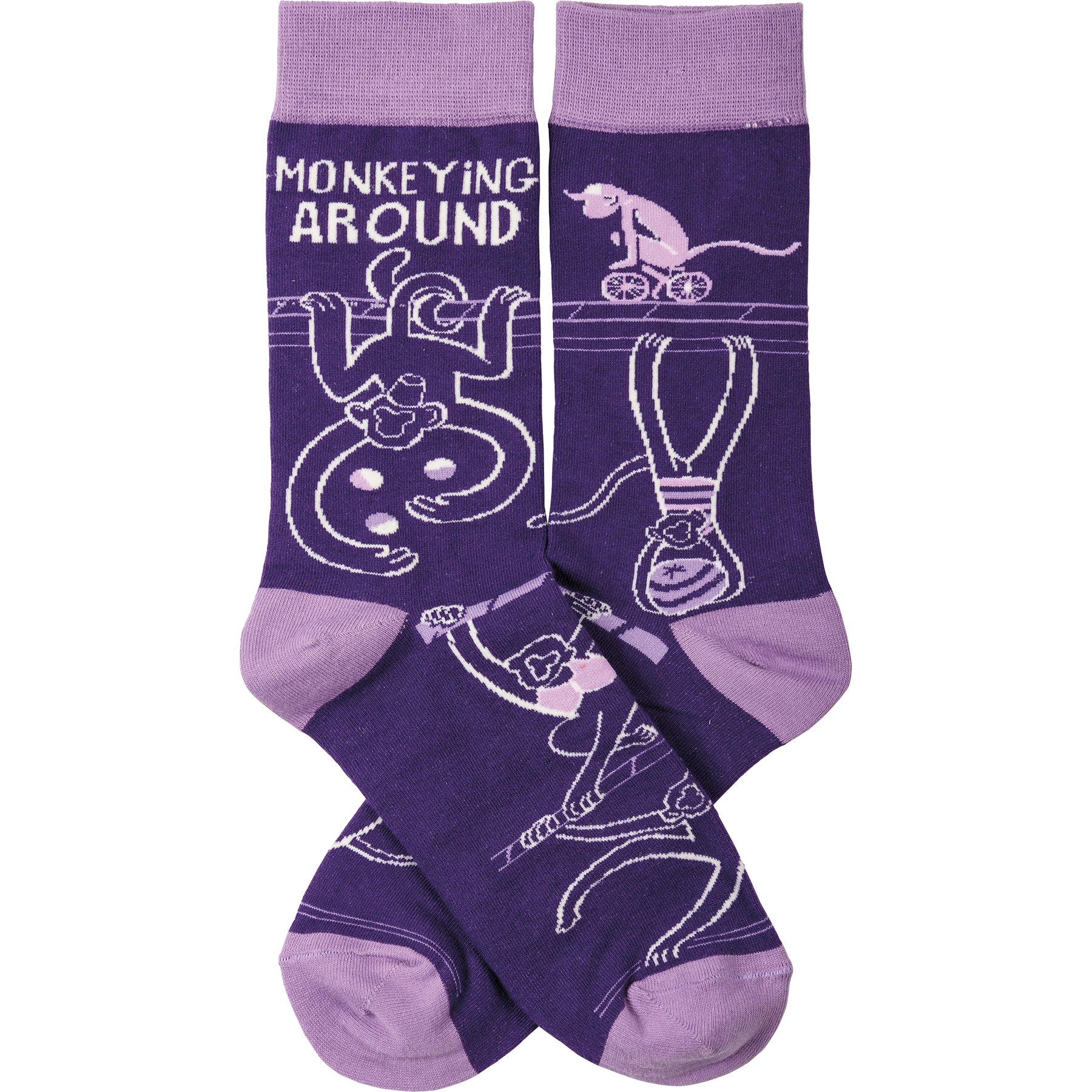 Colorful Monkeying Around Socks featuring playful monkey designs and vibrant colors, made from cotton, nylon, and spandex.