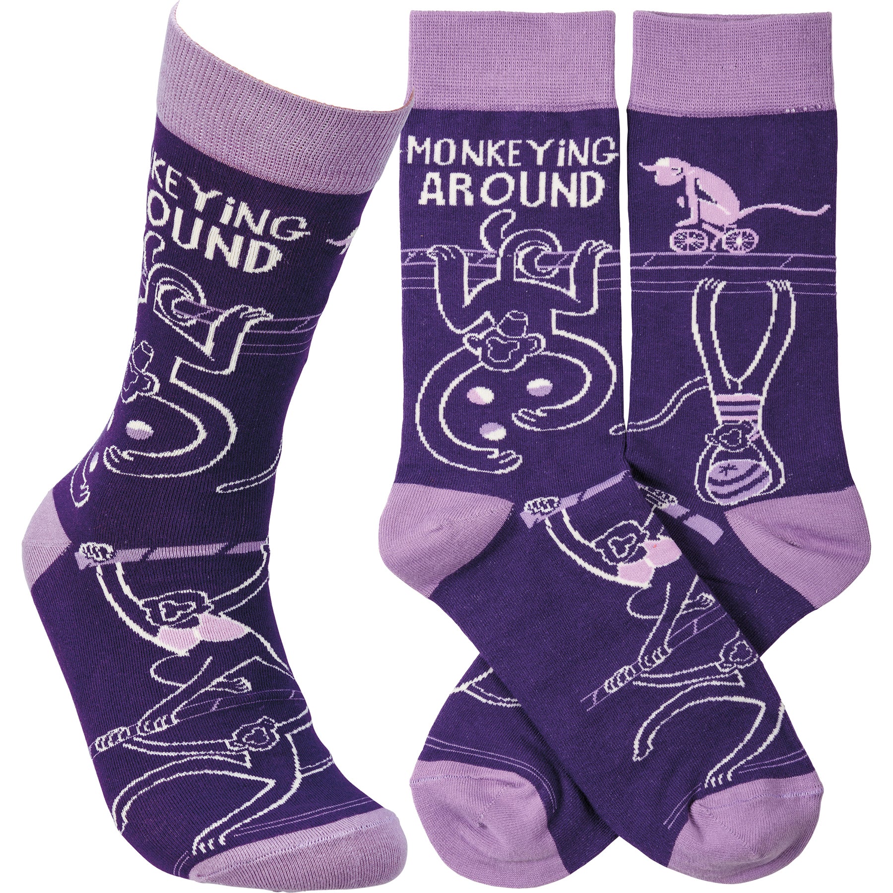 Colorful Monkeying Around Socks featuring playful monkey designs and vibrant colors, made from cotton, nylon, and spandex.