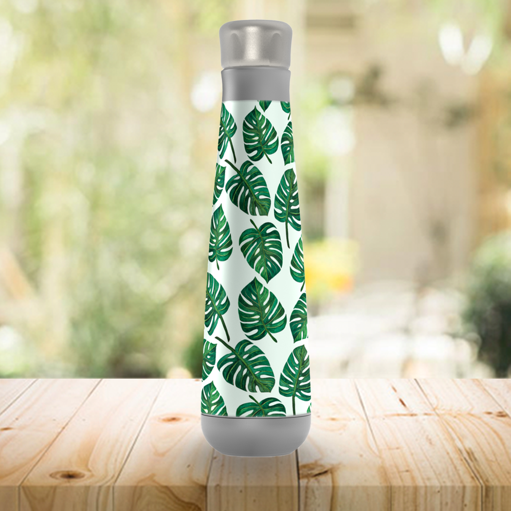Stylish Monstera Watercolor Peristyle Water Bottle made of stainless steel with a screw-on lid, showcasing a vibrant Monstera plant design.