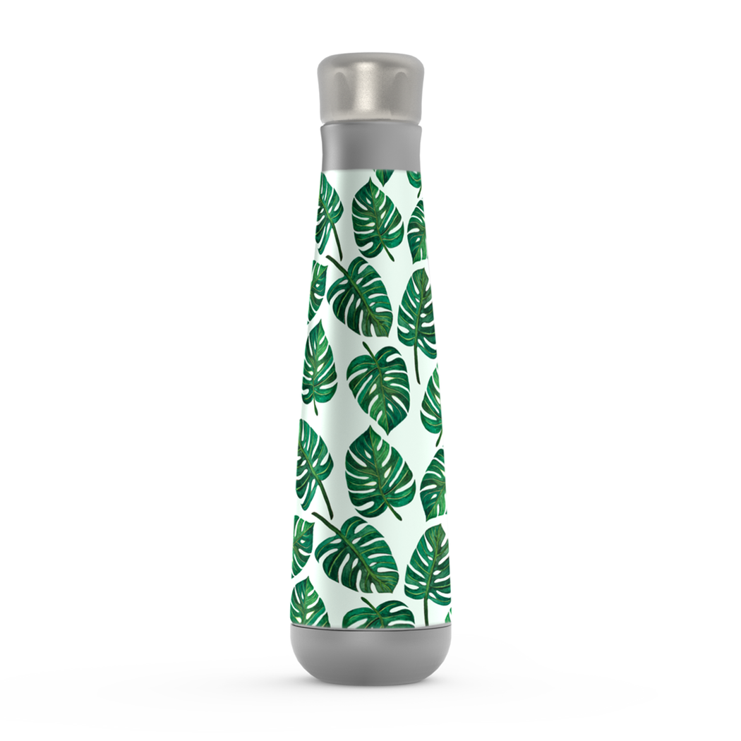 Stylish Monstera Watercolor Peristyle Water Bottle made of stainless steel with a screw-on lid, showcasing a vibrant Monstera plant design.