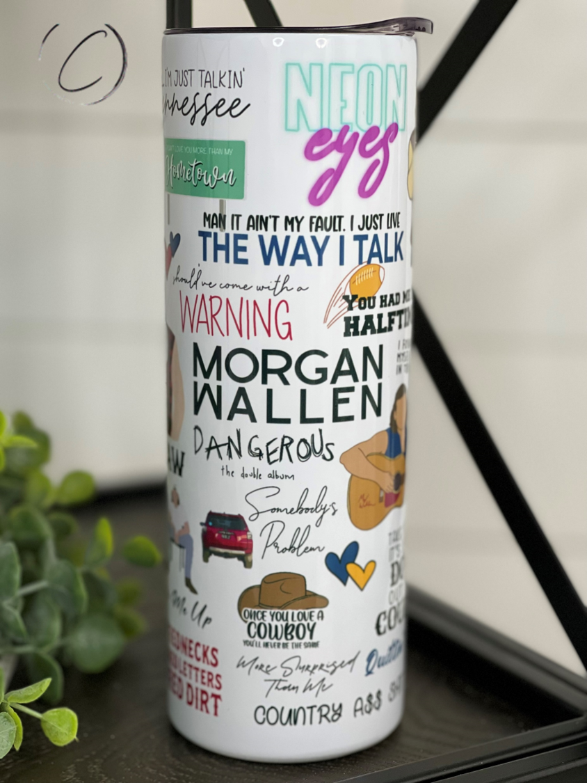 Morgan Wallen 20oz Skinny Tumbler featuring a stylish design, durable construction, and a reusable straw.