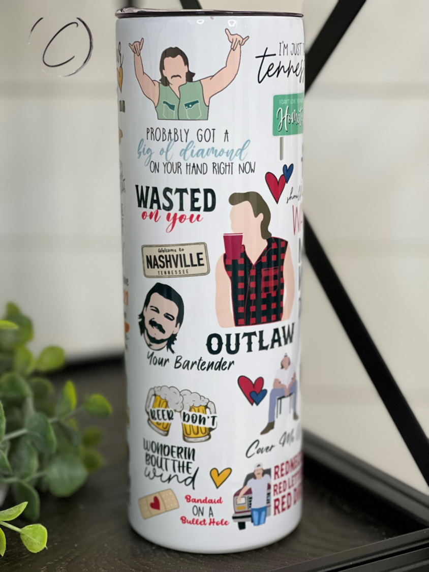 Morgan Wallen 20oz Skinny Tumbler featuring a stylish design, durable construction, and a reusable straw.