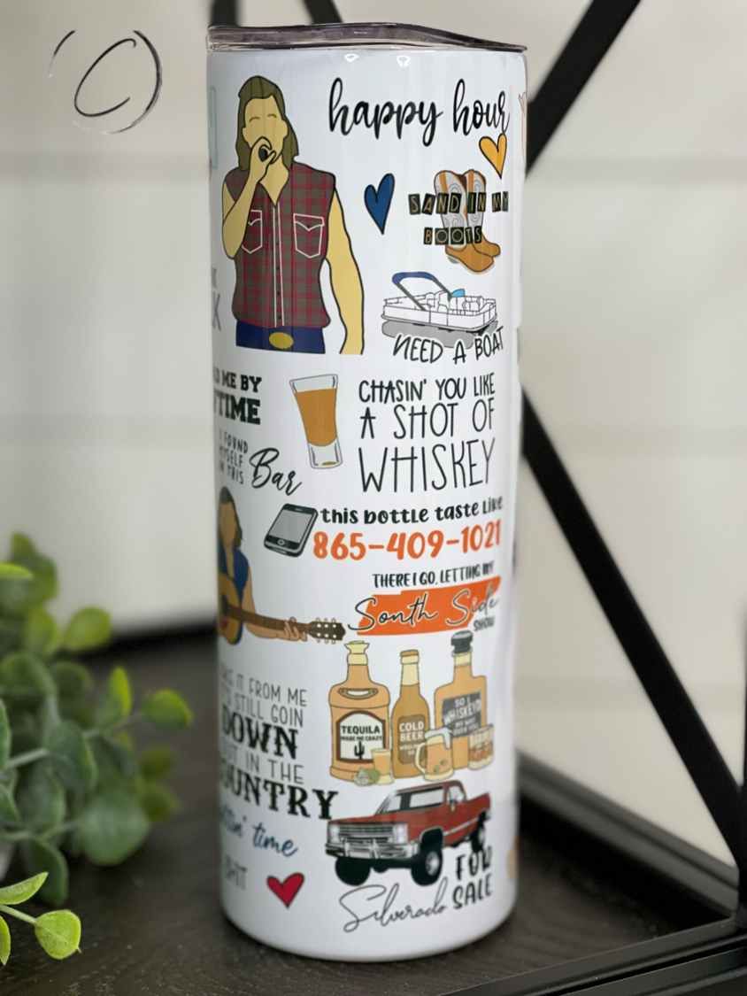 Morgan Wallen 20oz Skinny Tumbler featuring a stylish design, durable construction, and a reusable straw.