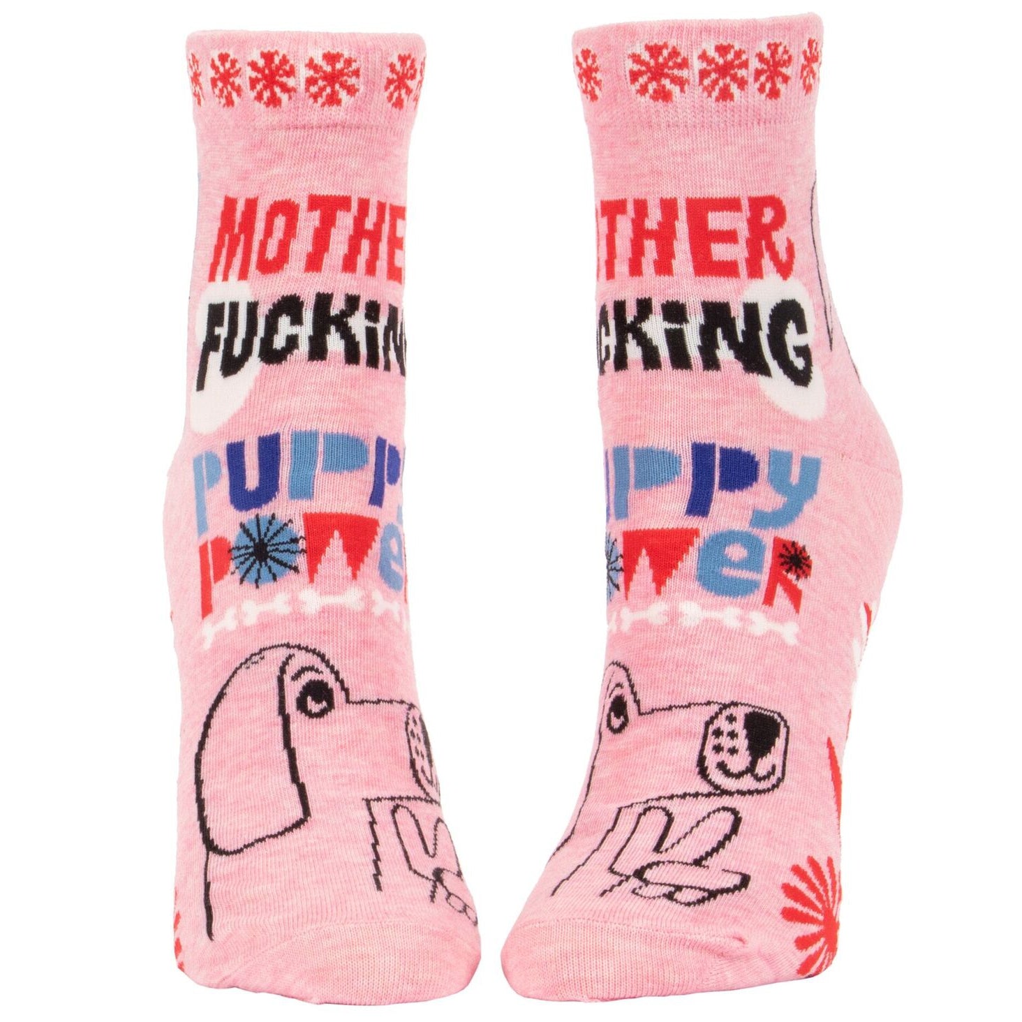 BlueQ Mother Fucking Puppy Power women's ankle socks featuring a pink dog design and humorous text.